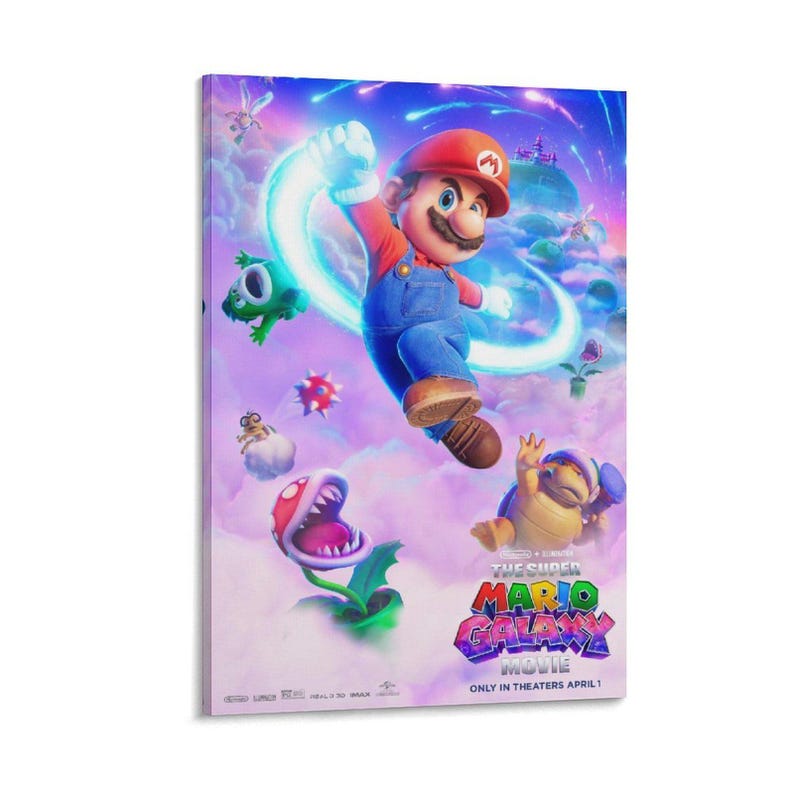 May include: A vibrant poster for "The Super Mario Bros. Movie" features Mario in a dynamic pose, surrounded by iconic characters and a colorful, fantastical landscape. The movie title is prominently displayed with the release date, April 1st.