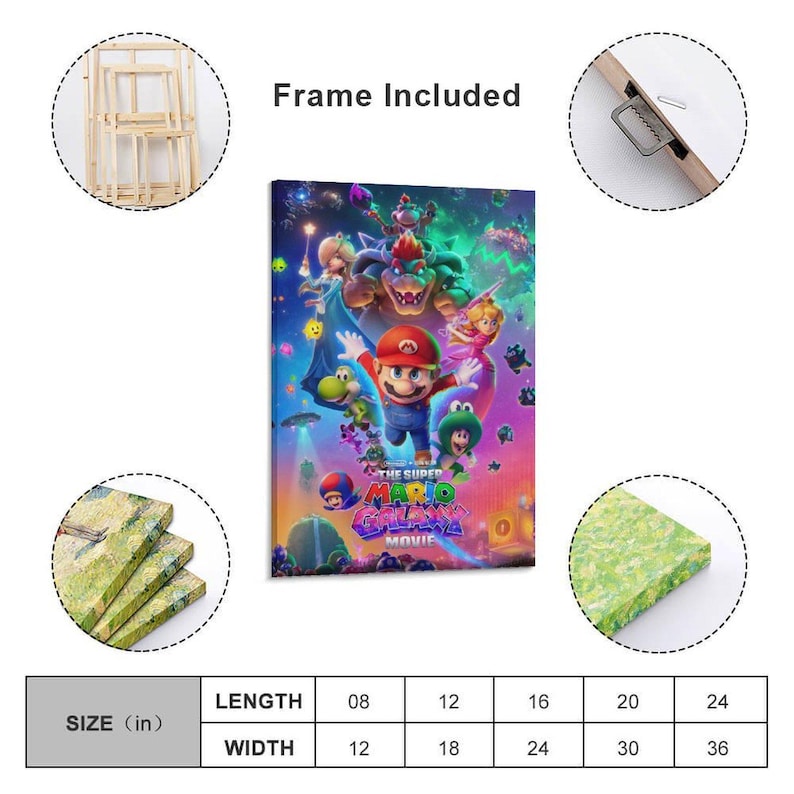 May include: A canvas print featuring characters from "The Super Mario Galaxy Movie." The artwork showcases Mario, Princess Peach, Yoshi, and Bowser against a vibrant, colorful background. The print is available in various sizes, with an 8-inch by 12-inch option.