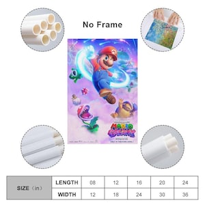 May include: A vibrant poster featuring Mario from "The Super Mario Bros. Movie" in a dynamic pose. The poster has a purple and blue background with the movie title and release date. The dimensions are available in inches.