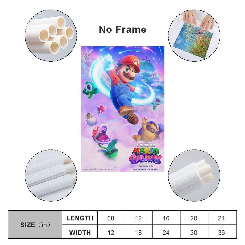 May include: A vibrant poster featuring Mario from "The Super Mario Bros. Movie" in a dynamic pose. The poster has a purple and blue background with the movie title and release date. The dimensions are available in inches.
