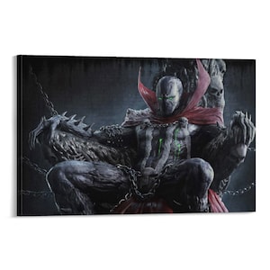 May include: A canvas print featuring Spawn, a comic book character, seated on a throne. The artwork depicts Spawn in a dark, detailed style, with chains, a red cape, and green glowing eyes. The overall color palette is dark with shades of gray and black.