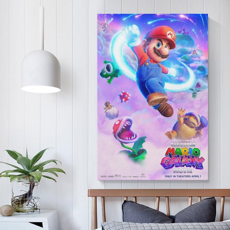 May include: A vibrant poster for "The Super Mario Bros. Movie" features Mario in a red cap and blue overalls, leaping with a glowing energy blast. The poster includes various characters and the movie title.