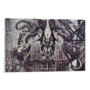 May include: A canvas print featuring a dark, surreal illustration. The artwork depicts a central figure with horns, surrounded by serpentine creatures, pentagrams, and other symbolic elements. The color palette is primarily grayscale with subtle shading.