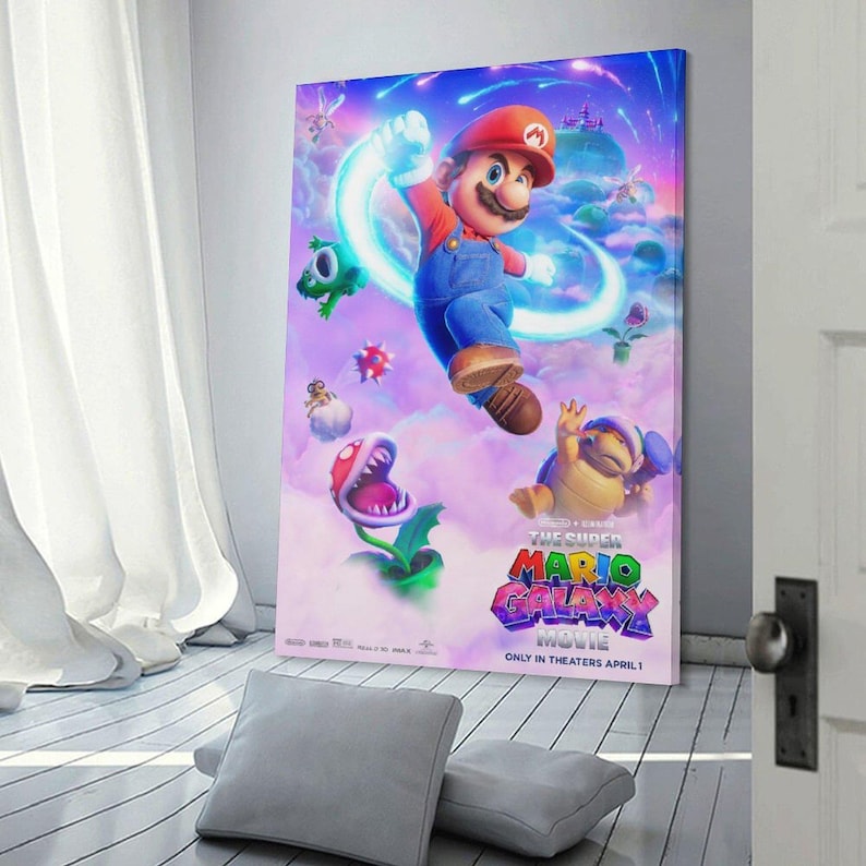 May include: A framed canvas print featuring Mario from The Super Mario Bros. Movie. Mario is in a dynamic pose, surrounded by colorful characters and a vibrant, fantasy-themed background. The movie title is prominently displayed.
