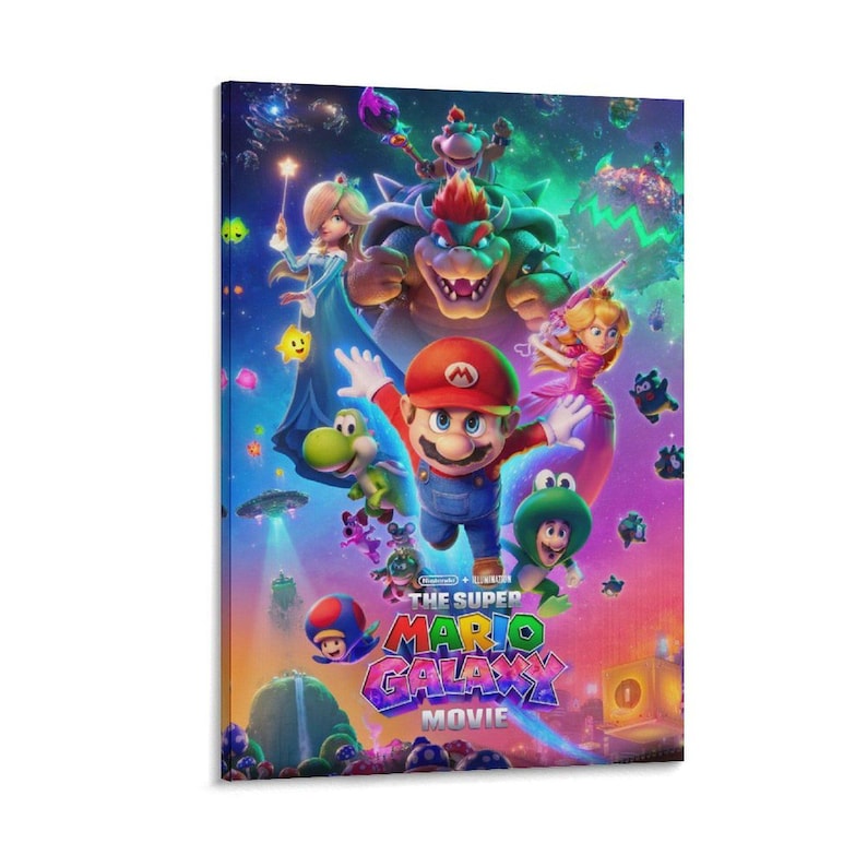 May include: A framed print featuring characters from "The Super Mario Galaxy Movie." Mario, Bowser, Princess Peach, and other characters are depicted against a colorful space-themed background. The movie title is displayed in a vibrant, multi-colored font.