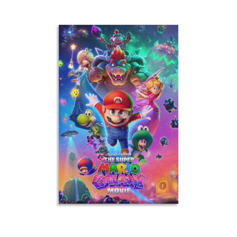May include: A vibrant poster for "The Super Mario Galaxy Movie" features Mario in a red cap and blue overalls, surrounded by characters like Princess Peach, Bowser, and Yoshi. The colorful design includes a galaxy backdrop and the movie title.