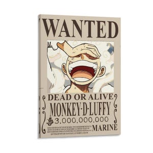 May include: A canvas print of a "Wanted" poster design. The poster features the word "WANTED" at the top, with an illustration of a character covering their eyes. Below, it reads "DEAD OR ALIVE" and "MONKEY-D-LUFFY" with a bounty of 3,000,000,000.