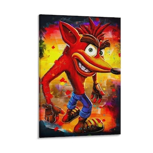 Op de afbeelding: Een levendige canvas print met Crash Bandicoot, het iconische videogamepersonage. Het kunstwerk toont Crash in een dynamische pose, met felrode vacht, een blauwe spijkerbroek en bruine handschoenen en schoenen. De achtergrond is een kleurrijke mix van geel, oranje en paars.