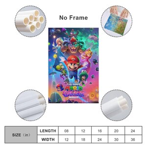 May include: A colorful poster for "The Super Mario Bros. Movie" featuring Mario, Luigi, Princess Peach, Bowser, and other characters. The poster has a purple and blue background with the movie title at the bottom. The dimensions are available in inches.
