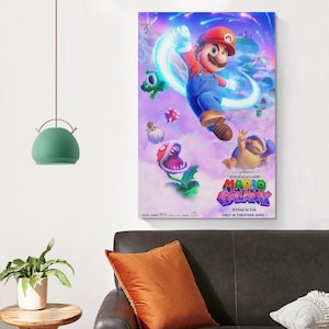 May include: A vertical poster featuring Mario from "The Super Mario Bros. Movie" in a dynamic pose, surrounded by animated characters and a vibrant, colorful galaxy backdrop. The movie title is prominently displayed.