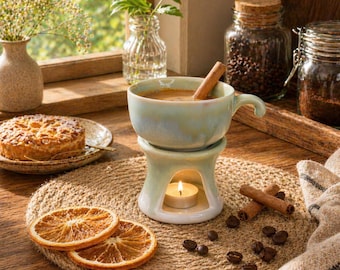 Koffiemok met verwarmende basis, blauwe cappuccinomok met een kaarsenverwarmer. Gezellige drinkgerei