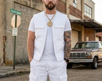 Handgemaakt wit leren vest en shorts | Zomeroutfit voor heren: leren pak.