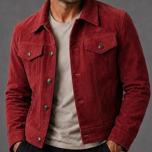 Men’s Genuine Suede Trucker Jacket – Classic Vintage Moto Biker Style Handmade Suede Leather Coat.