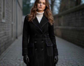 Trenchcoat van zwart suèdeleer - leren jas dubbele persing - lange jas vintage stijl, nieuwe modejas.