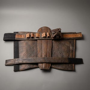 Puede incluir: Un cintur&oacute;n utilitario de cuero texturizado en color marr&oacute;n oscuro con un panel central vertical, m&uacute;ltiples bucles peque&ntilde;os para almacenamiento y una bolsa cuadrada adjunta con cierre de broche met&aacute;lico. Correas ajustables con velcro negro.