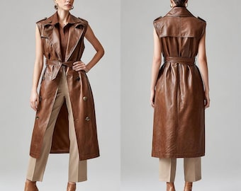 Mouwloze leren damestrenchcoat met wasachtige distress-look – Handgemaakte lange mouwloze jas in bruin.