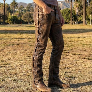 Men's Real Sheep Leather Laces Pants, Distressed Waxed Finish - Cargo Pants