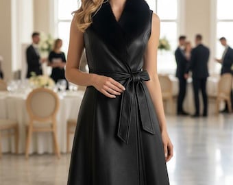 Mouwloze leren damestrenchcoat met bont voor bruiloften – Handgemaakte zwarte leren lange mouwloze jas – schapenvachtjas dames.