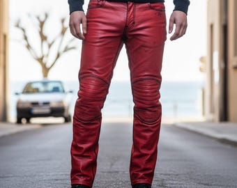 Handgemaakte stijlvolle leren broek rood lamsleer, verweerde gewaxte afwerking met zwarte stiksels - motorleren broek