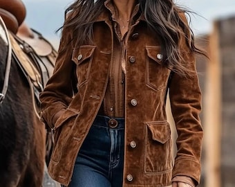 Bruin suède leren damesjas - bruine lange jas vintage stijl, cowboy suède leren shirt.