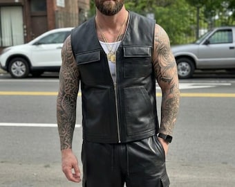 Handgemaakte set van echt zwart leren vest en short | Zomeroutfit heren