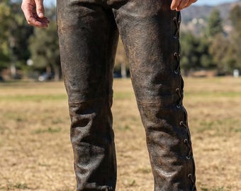 Handgemaakte broek van echt lamsleer met veters, verweerde gewaxte afwerking - slimfit broek