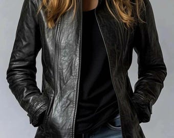 Zwart echt lamsleer dames motorjack: militair steampunkjack. Cadeau voor haar.