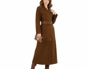 Echt suède damestrenchcoat - bruine lange jas in vintagestijl, suède damestrench.