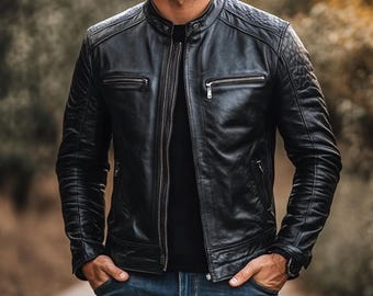 Handgemaakt zwart leren bikerjack in western-cowboystijl.