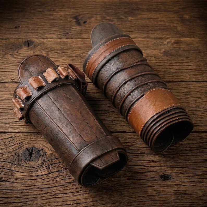Puede incluir: Un par de protectores de brazo de cuero marr&oacute;n oscuro con un acabado texturizado. Un protector incluye una serie de peque&ntilde;os bucles a lo largo del borde superior, mientras que el otro presenta una banda de cuero marr&oacute;n claro lisa en el centro.