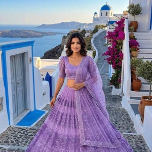 Net lehnga with thread , zari & sequence work