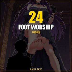 Może przedstawiać: Ilustracja w stylu anime przedstawia kobietę w czarnej sukience z fioletowymi włosami oraz tekst "24 FOOT WORSHIP TASKS" w kolorze żółtym i białym. Obraz zawiera sylwetkę i imię "POLLY BANE".