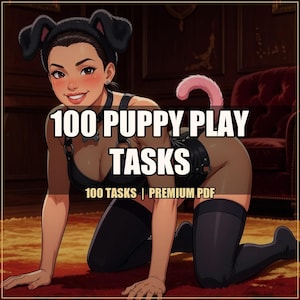May include: An illustration with the text "100 PUPPY PLAY TASKS" and "100 TASKS | PREMIUM PDF". The image features a person in a puppy-themed outfit, kneeling on a red carpet.