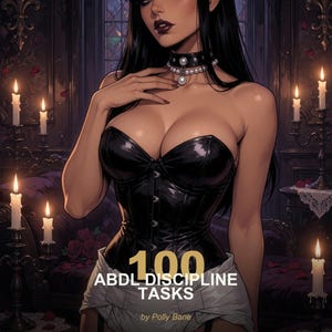 May include: An illustration of a woman wearing a black corset and choker, with long black hair. The image includes text that reads "100 ABDL DISCIPLINE TASKS" and "by Polly Bane". Lit candles and a dark, ornate background complete the scene.