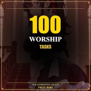Könnte beinhalten: Illustration mit gelbem Rahmen. Der Text "100 WORSHIP TASKS" ist in Gelb und Weiß gehalten. Darunter steht "FOR CONSENTING ADULTS" und "POLLY BANE".