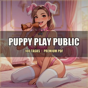 Könnte beinhalten: Eine Illustration mit einer Person in einem Outfit zum Thema Welpe, einschließlich rosa Ohren und einem Schwanz. Das Bild hat den Text "PUPPY PLAY PUBLIC" und "100 TASKS | PREMIUM PDF" darüber. Die Person hält einen braunen Gegenstand.
