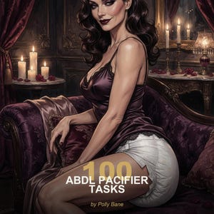 Op de afbeelding: Illustratie van een vrouw in een donkerpaarse slipdress, zittend op een weelderige, sierlijke paarse bank. De afbeelding bevat de tekst "100 ABDL PACIFIER TASKS" en "by Polly Bane". De achtergrond bevat kaarsen en een donker, luxueus interieur.