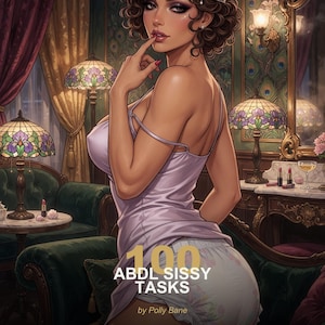 May include: An illustration of a person in a light purple slip dress and a diaper. The image includes text that reads "100 ABDL SISSY TASKS" and "by Polly Bane". The background features antique furniture and lamps.