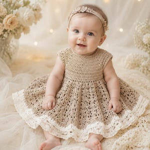 K&ouml;nnte beinhalten: Ein Baby in einem beigefarbenen H&auml;kelkleid mit wei&szlig;er Spitzenborte. Das Kleid hat einen runden Ausschnitt und kurze &Auml;rmel. Das Baby tr&auml;gt auch ein passendes Stirnband mit floralen Details. Der Hintergrund umfasst weiche Beleuchtung und Blumen.