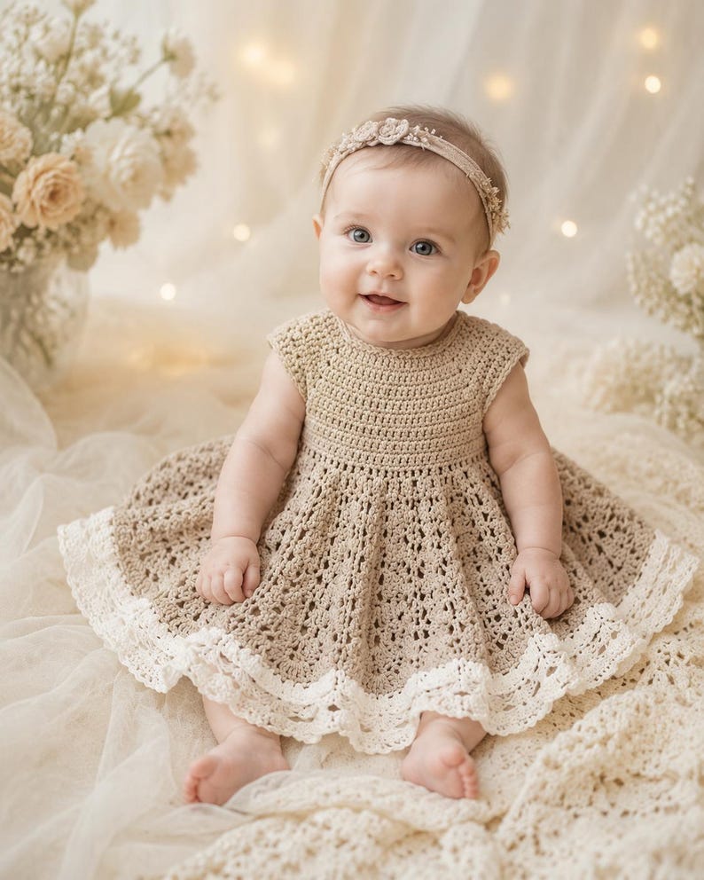 K&ouml;nnte beinhalten: Ein Baby in einem beigefarbenen H&auml;kelkleid mit wei&szlig;er Spitzenborte. Das Kleid hat einen runden Ausschnitt und kurze &Auml;rmel. Das Baby tr&auml;gt auch ein passendes Stirnband mit floralen Details. Der Hintergrund umfasst weiche Beleuchtung und Blumen.
