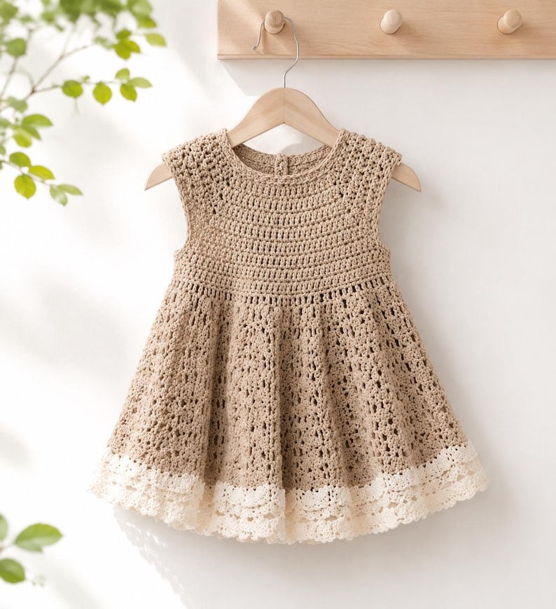 K&ouml;nnte beinhalten: Beige H&auml;kelkleid mit &auml;rmellosem Design, h&auml;ngend an einem Holzkleiderb&uuml;gel. Das Kleid hat ein detailliertes H&auml;kelmuster und eine cremefarbene Spitzenborte am Saum. Das Kleid ist f&uuml;r ein Kind entworfen.