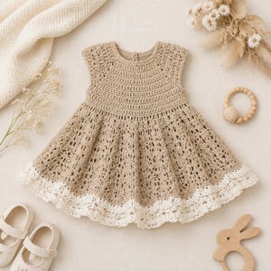 K&ouml;nnte beinhalten: Beige geh&auml;keltes Babykleid mit wei&szlig;er Spitzenborte. Das &auml;rmellose Kleid hat einen runden Ausschnitt und einen ausgestellten Rock. Das Bild zeigt auch ein Paar Babyschuhe, eine Holzrassel und ein Holzkaninchenspielzeug.