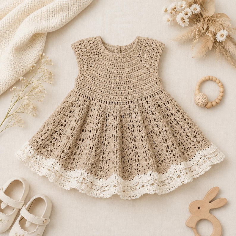 K&ouml;nnte beinhalten: Beige geh&auml;keltes Babykleid mit wei&szlig;er Spitzenborte. Das &auml;rmellose Kleid hat einen runden Ausschnitt und einen ausgestellten Rock. Das Bild zeigt auch ein Paar Babyschuhe, eine Holzrassel und ein Holzkaninchenspielzeug.