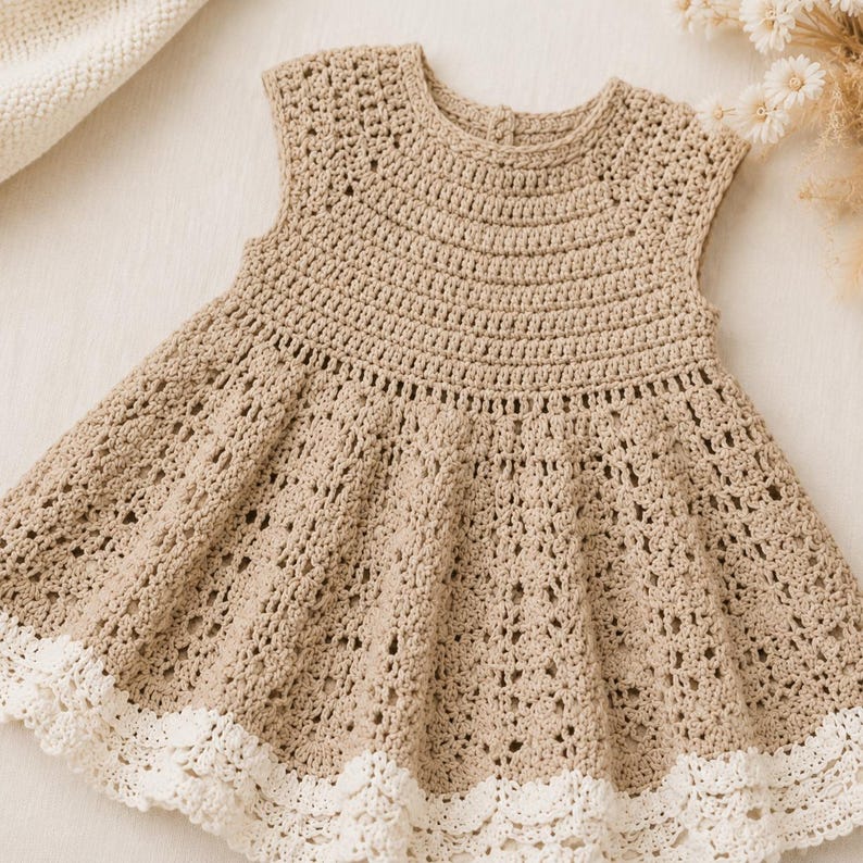 K&ouml;nnte beinhalten: Beige geh&auml;keltes Kleid mit &auml;rmellosem Design und ausgestelltem Rock. Das Kleid hat einen wei&szlig;en, gewellten Spitzenbesatz am Saum. Die H&auml;kelarbeit ist detailliert und zeigt ein strukturiertes Muster auf dem gesamten Kleidungsst&uuml;ck.