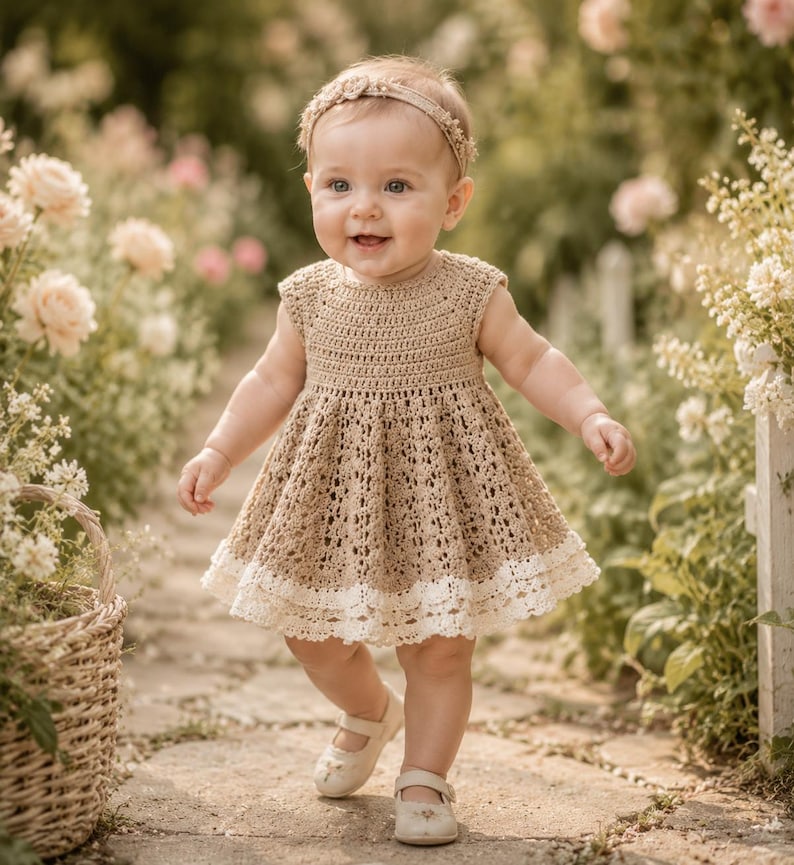 K&ouml;nnte beinhalten: Ein l&auml;chelndes Baby in einem hellbraunen H&auml;kelkleid mit wei&szlig;er Spitzenborte, passendem Stirnband und cremefarbenen Schuhen. Das Baby geht auf einem Steinweg in einem Blumengarten mit einem Weidenkorb.