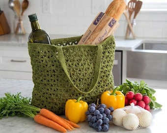 Farmers Market Bag Crochet Pattern | Reusable Net Market Bag Crochet, Zero Waste Foldable Grocery Tote Bag, Digital Pattern PDF