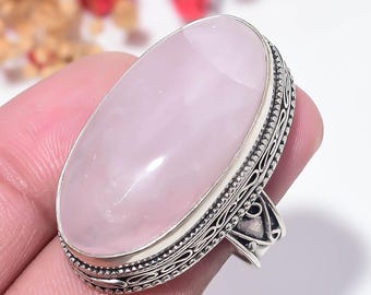 Rosenkvartsring, 925 sterlingsilverring, vacker rosenkvarts ädelstensring bohemiska smycken vigselring för henne