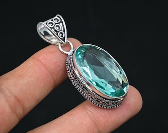 Handmade Aquamarine Oval Pendant, 925 Sterling Silver Necklace, Gift for Her