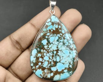 Big Tibetan Turquoise Pendant - Pear Gemstone Pendant - 925 Sterling Silver Pendant - Turquoise Silver Jewelry Handmade Pendant Gift For Her