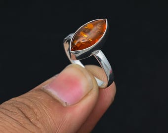 Amber Ring, 925 Sterling Silver Ring Jewelry, Beautiful Baltic Amber Gemstone Ring Boho Jewelry Wedding Ring for Her